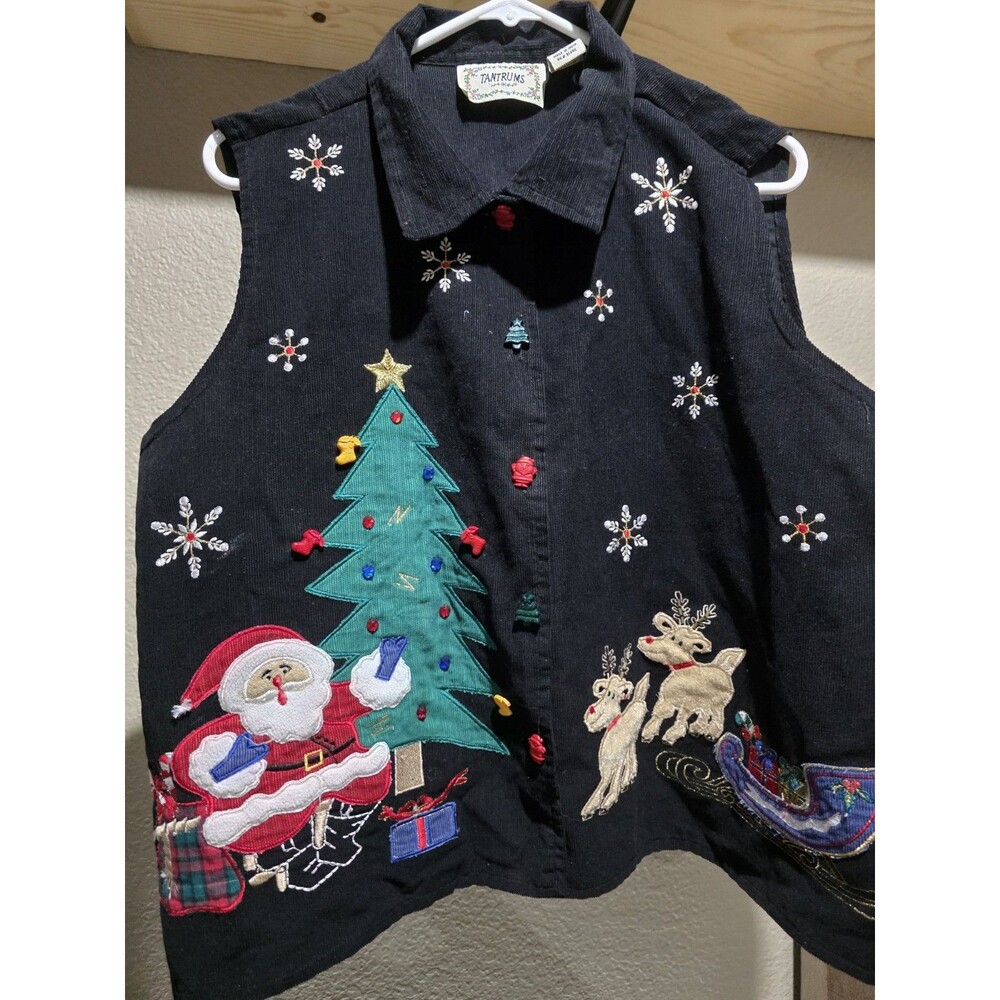 VTG Sz XL Tantrums Ugly Christmas Snowmen Embroidered Vest Black Corduroy